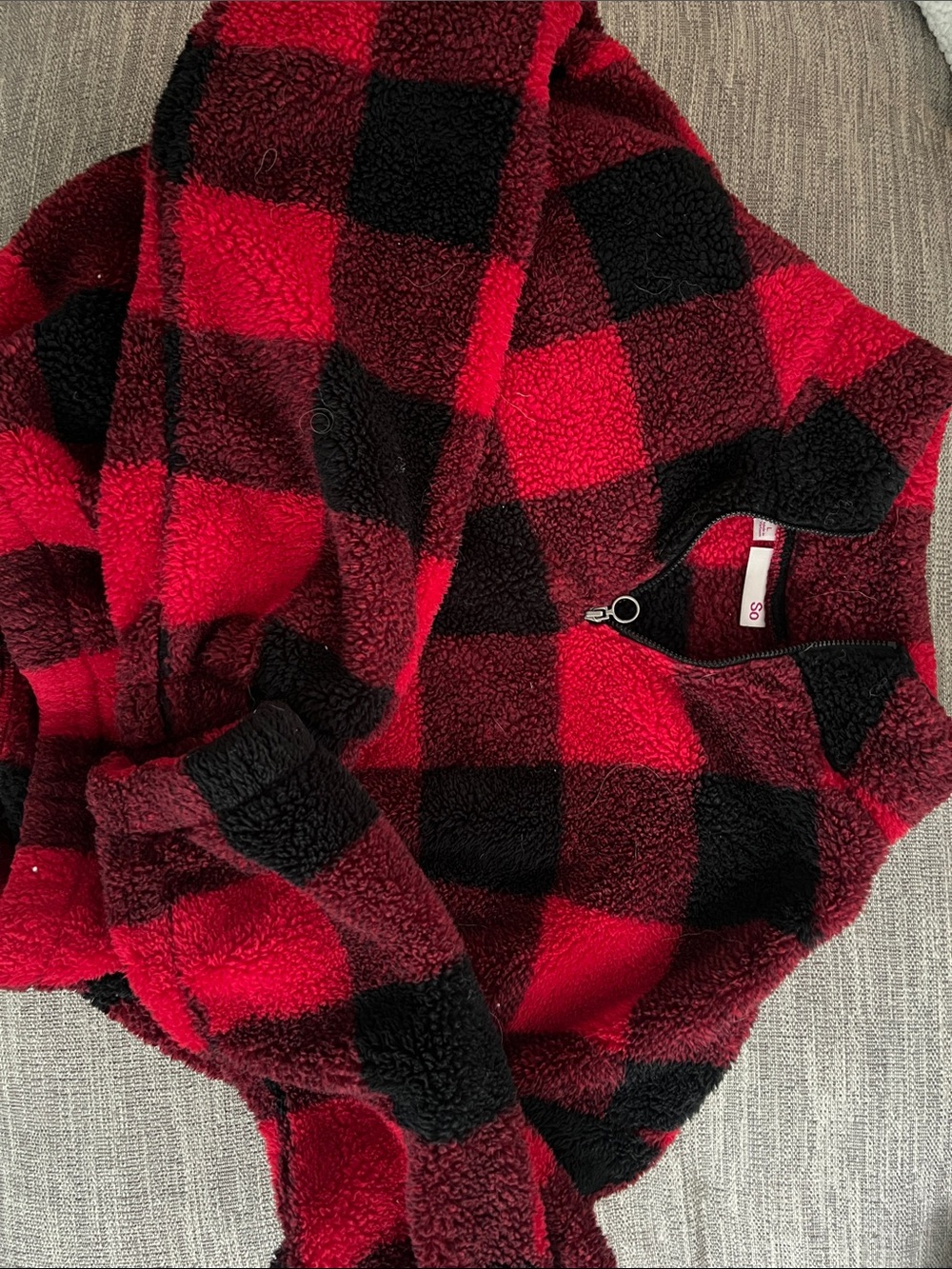 SO Red and Black Buffalo Plaid Sherpa Quarter-Zip Hoodie